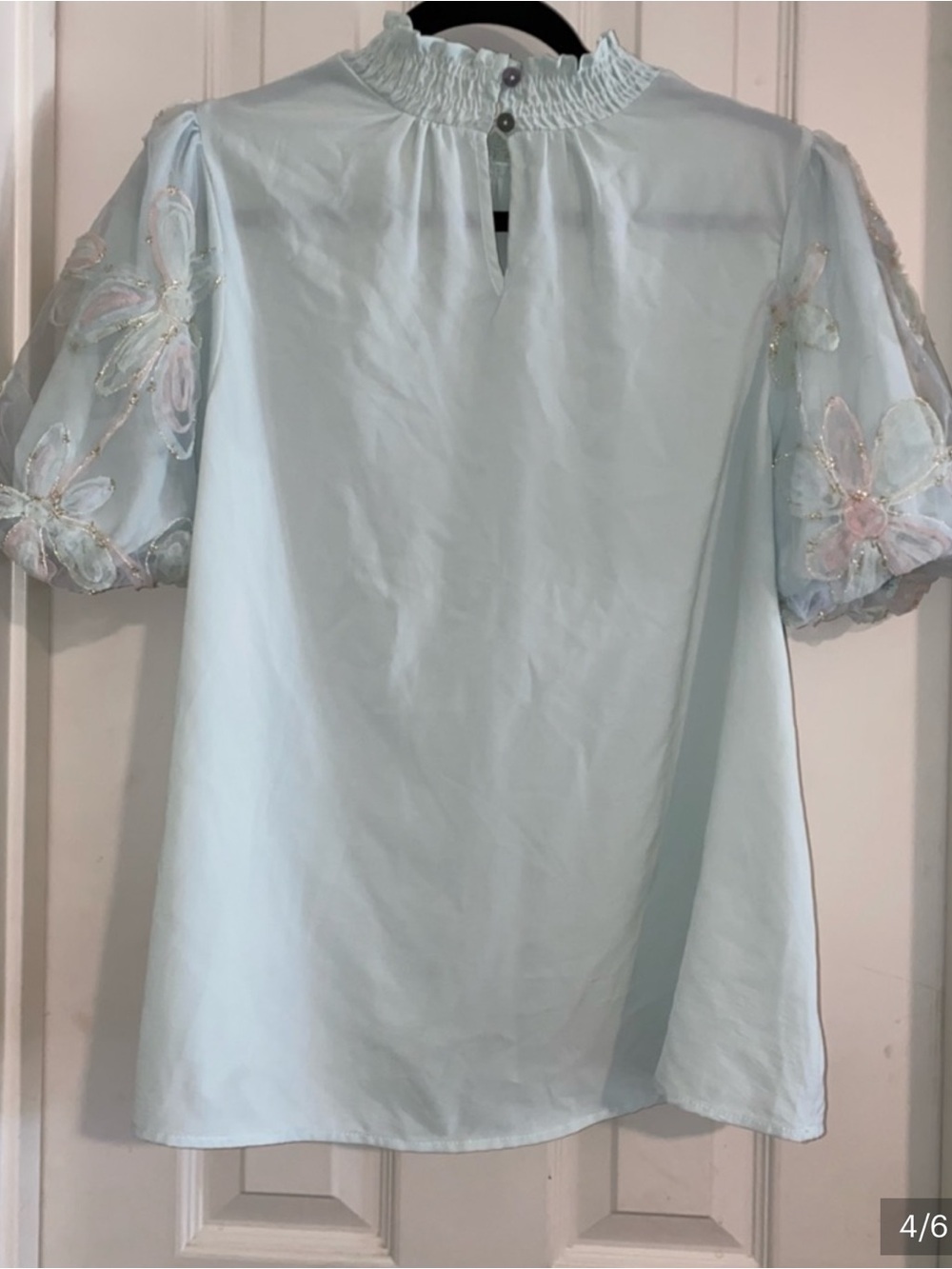 entro Pale Blue Puff Sleeve Floral Embroidered Top